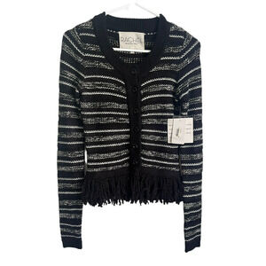 Rachel Roy Wool Blend Button Down Cardigan Fringed Black Size XS Whimsigoth New